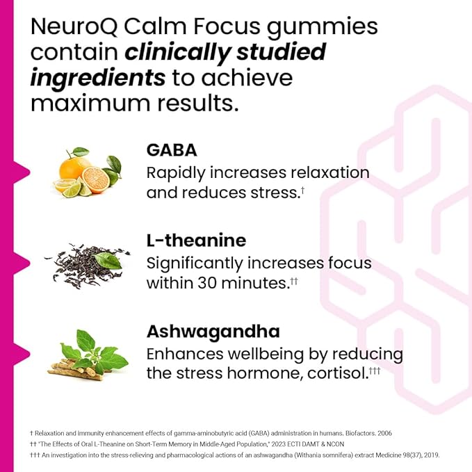 NeuroQ Calm Focus Gummies - Stress Relief Supplement - Supports Mental Function & Relaxation - Sensoril Ashwagandha, Magnesium, GABA, L-Theanine, Andean Cocoa & Kava Kava - 90 Gummies