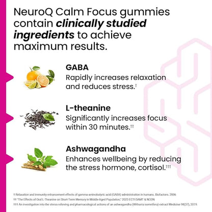 NeuroQ Calm Focus Gummies - Stress Relief Supplement - Supports Mental Function & Relaxation - Sensoril Ashwagandha, Magnesium, GABA, L-Theanine, Andean Cocoa & Kava Kava - 90 Gummies
