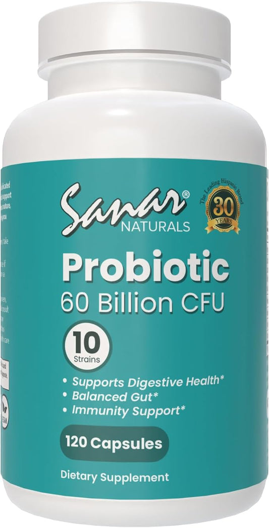 Sanar Naturals Probiotics 60 Billion CFU – 10 Strains + Prebiotics - Supports Immune, Digestive, & Gut Health - Probiotics for Women and Men - Vegan, Non-GMO, Gluten Free, 120 Capsules