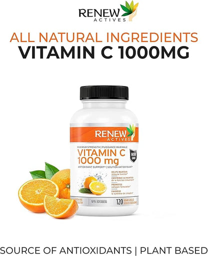 RENEW ACTIVES Maximum Strength Vitamin C 1000MG per Serving – Antioxidant & Immune Booster for Overall Health, Bones, Teeth & Gums – Non-GMO, Sugar-Free, 4-Month Supply – Made in Canada – 120 Capsules