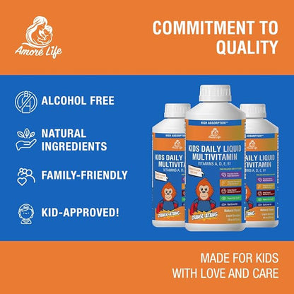 Daily Liquid Multivitamin for Kids, High Absorption with Vitamins A, D, E, B1 and Cod Liver Oil, Vitamin Supplements for Kids, Family Friendly, 16oz, Orange Flavor