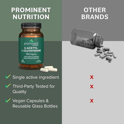 Prominent Nutrition S-Acetyl L-Glutathione Supplement - Clinically Researched Emothion® Acetylated Glutathione for Normal Liver Detoxification Support & Optimal Antioxidant Effect, 60 Vegan Capsules