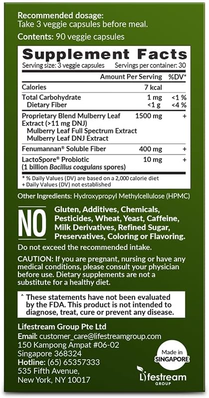 LABO Nutrition Mulbiotic Capsule, Organic Mulberry Leaf Extract + LactoSpore Probiotic & Fenumannan Prebiotic, for Healthy Carb Cravings Support, Vegetarian, Non-GMO