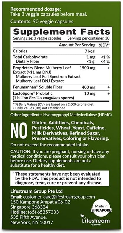LABO Nutrition Mulbiotic Capsule, Organic Mulberry Leaf Extract + LactoSpore Probiotic & Fenumannan Prebiotic, for Healthy Carb Cravings Support, Vegetarian, Non-GMO