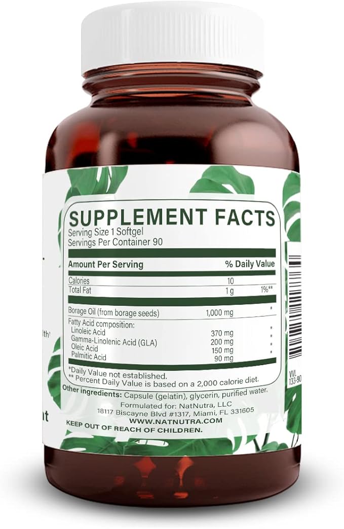 Natural Nutra Borage Oil, Maintain Skin Health, Support Better Heart Health, Improves Nerve Health, Help Overcome Joint paint, Help Reduce Pimple, Omega 6 Essential Fatty Acids Supplement 90 Softgels.