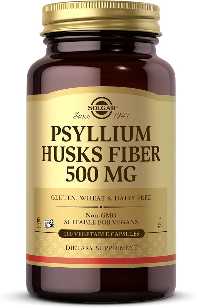 SOLGAR Psyllium Husks Fiber 500 mg - 200 Vegetable Capsules - Non-GMO, Vegan, Gluten Free, Dairy Free, Kosher, Halal - 100 Servings