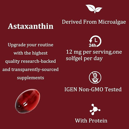 Astaxanthin 12mg, Organic Astaxanthin Antioxidant Supplements For Tanning, Skin, Eye, Joint Health, 120 Softgels
