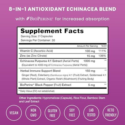 NutraChamps Echinacea Capsules 1000mg - 8-in-1 Immune Support Supplement - Echinacea Goldenseal, Vitamin C, Zinc, Ginger, Elderberry - 60 Capsules