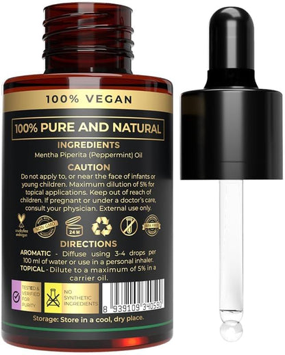 USDA Organic Peppermint Essential Oil - 100% Pure for Hair, Skin and Aromatherapy - Relaxation & Concentration - Non-GMO, Therapeutic Grade, Multipurpose Use