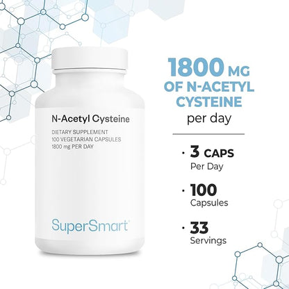 SuperSmart - N-Acetyl Cysteine 1800mg per Day (High Absorption) - NAC Supplement - High Potency Antioxidants Amino Acids - Glutathione Precursor | Non-GMO & Gluten Free - 100 Vegetarian Capsules