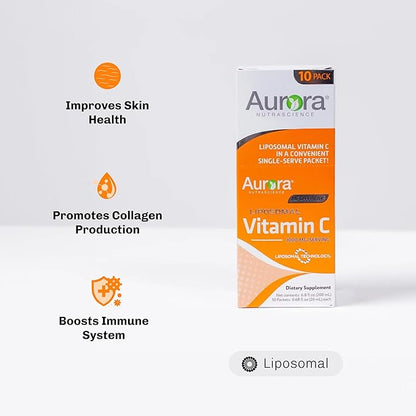 Aurora Nutrascience Mega-Pack Liposomal Vitamin C, Immune Support, 3,000 mg Per Serving, Vegan, Gluten Free, Non-GMO, 10 Single Serve Packets, Orange