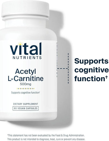 Vital Nutrients Acetyl L-Carnitine 500mg | Brain, Memory, and Cognitive Support Supplement* | Vegan | Gluten, Dairy, Soy Free | Non-GMO | 60 Capsules