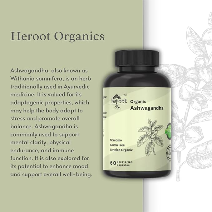Organic AshwagandhaCapsules Pure Organic Ashwagandha Powder and Root Extract - Stress Relief, Mood Enhancer (Pack of 60 Capsule)