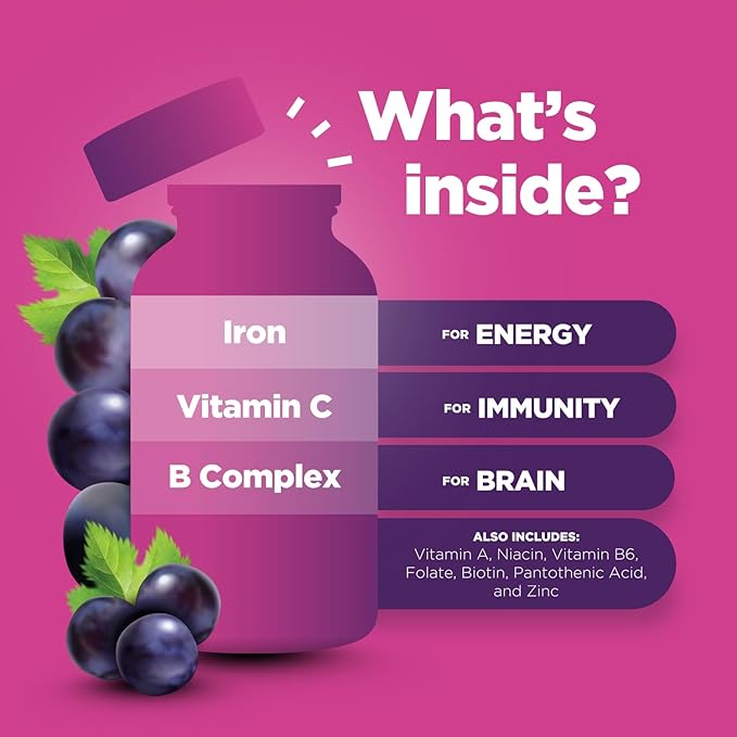 Kids Iron Gummies with Vitamin C - Blood Builder Iron Supplements for Kids with Gentle for Stronger Immunity & Energy Support - Vitamin B6, B12, A, Niacin & Folate Gummies - Vegan & GMO - 60 Count