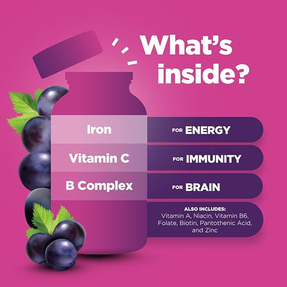 Kids Iron Gummies with Vitamin C - Blood Builder Iron Supplements for Kids with Gentle for Stronger Immunity & Energy Support - Vitamin B6, B12, A, Niacin & Folate Gummies - Vegan & GMO - 60 Count