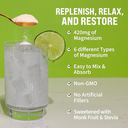 GoBiotix Magnesium Glycinate Powder – Cortisol Supplement for Women and Men – High Absorption Magnesium Complex Calm Supplement with Citrate, Malate – Sugar Free – 420 mg, 60 Servings, Lemon Lime