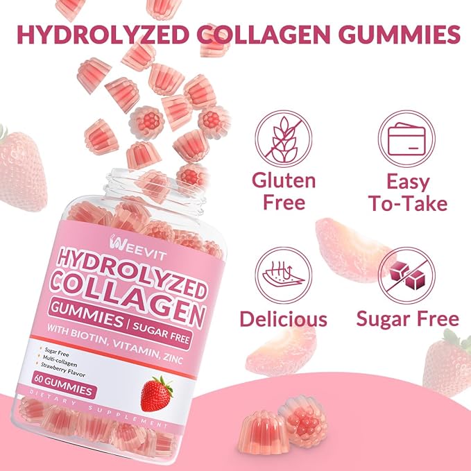 Collagen Gummies for Women, Hydrolyzed Collagen Peptides Gummies with Biotin, Collagen Supplements Gummy with Vitamin B12, C, D, Zinc for Hair Skin Nail