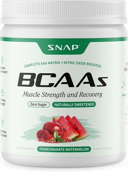 Snap BCAA Powder Essential Amino Energy Supplement with Nitric Oxide Booster - Watermelon Flavor - Pre Workout Powder, Recovery Supplements Post Workout, Muscle Strength & Performance (30 Servings)