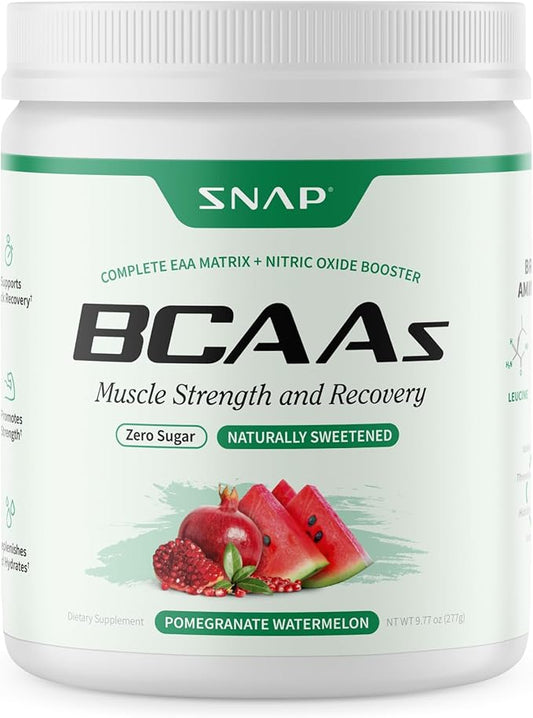 Snap BCAA Powder Essential Amino Energy Supplement with Nitric Oxide Booster - Watermelon Flavor - Pre Workout Powder, Recovery Supplements Post Workout, Muscle Strength & Performance (30 Servings)