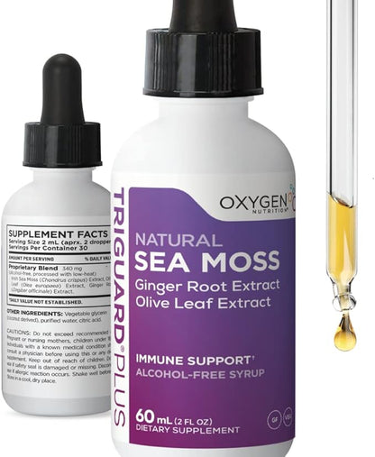TriGuard Plus Sea Moss - Irish Sea Moss, Olive Leaf & Ginger Root Extract Liquid Tincture 2 fl oz | For Thyroid, Digestion, Immune Support & Energy | Alcohol-Free, Non-GMO, Made in USA