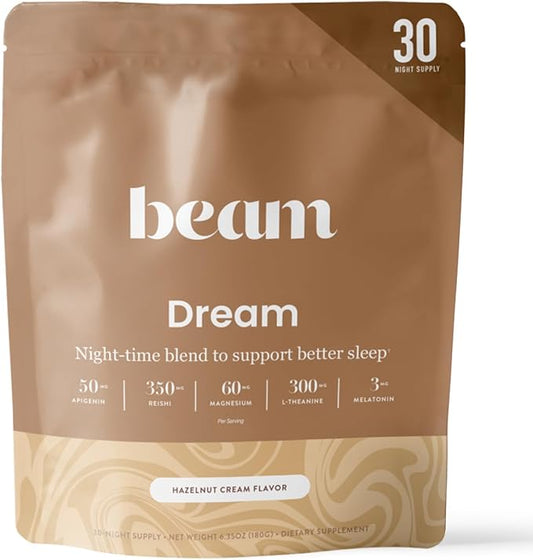 Beam Dream Sleep Powder, Natural Sleep Aid and Magnesium Hot Cocoa Drink for Adults, Calming Sleep Supplement with Apigenin, Nighttime Sleep Drink Powder, Third Party Tested Supplement, 30 Servings