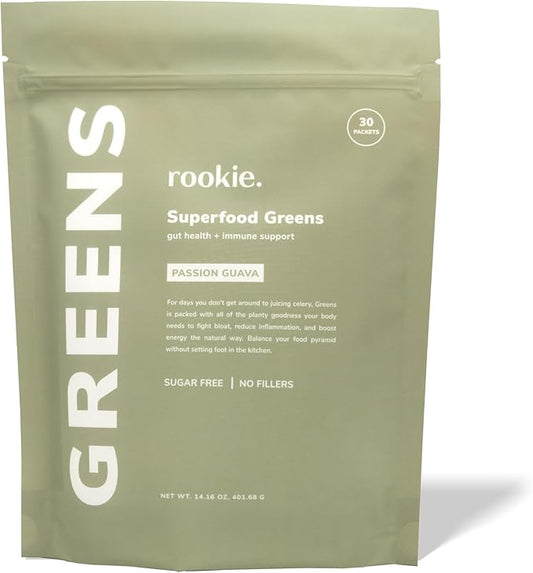 Natural Greens Supplements Superfood Powder Drink by Rookie Wellness, Gut Support Digestive Enzyme, Improve Mood, Immune Support, Passion Guava Greens Powder (30 Serving Bag)