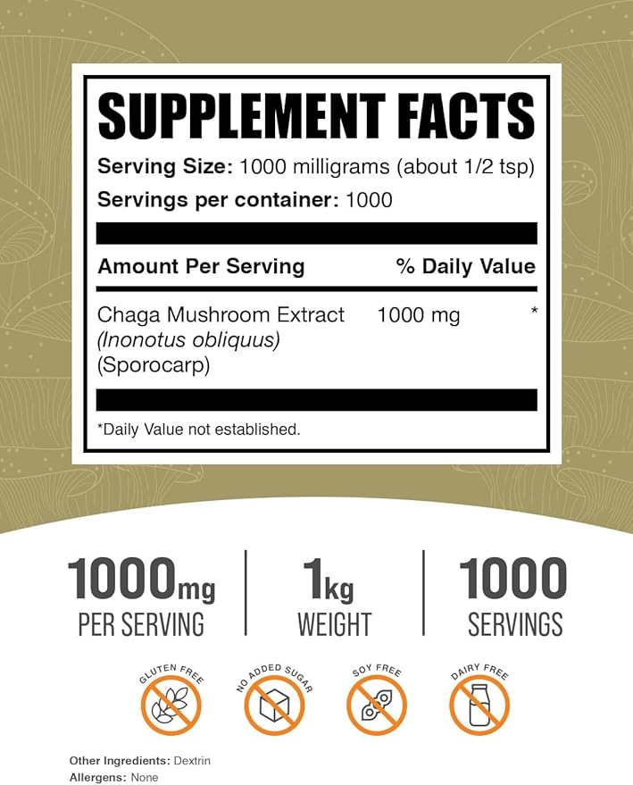BulkSupplements.com Chaga Mushroom Extract Powder - Superfood Supplement, Chaga Mushrooms Powder - Gluten Free, 1g per Serving, 1kg (2.2 lbs) (Pack of 1)
