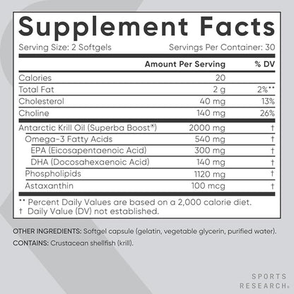 Sports Research® Omega-3 Krill Oil 2000mg - Pure Antarctic Superba Boost Krill with Phospholipids, Choline & Astaxanthin - MSC Certified Sustainable, Non-GMO Verified & Gluten Free - 60 Softgels