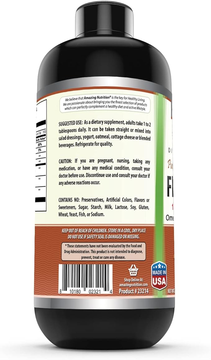 Amazing Omega Flaxseed Oil Supplement | Omega 3, Lignans & Fiber | 16 Oz | Non-GMO | Gluten Free | Made in USA