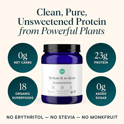 Ora Organic Vegan Protein Powder - 23g Plant Based Pea Protein + Superfood for Women and Men - Unsweetened 20 Servings, No Erythritol, Digestive Enzyme, Keto-Friendly, Gluten-Free, Paleo, Soy-Free