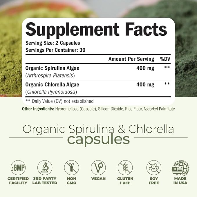 Organic Spirulina and Chlorella Capsules - Spirulina Capsules with Chlorella Powder for Immune, Antioxidant & Energy Support. Nutritious Super Green. Vegan & Non-GMO. Third Party Tested. 60 Caps