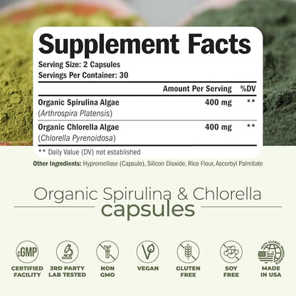 Organic Spirulina and Chlorella Capsules - Spirulina Capsules with Chlorella Powder for Immune, Antioxidant & Energy Support. Nutritious Super Green. Vegan & Non-GMO. Third Party Tested. 60 Caps