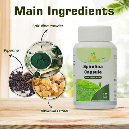 Spirulina Capsules 120 Veggie Capsule Blue Green Algae Supplement 450mg with Piperine for Enhanced Absorption Rich in Chlorophyll, Amino Acids, Vitamins & Minerals