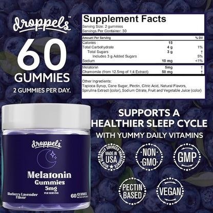 Droppels Melatonin Gummies, 5mg – Plant-Based, Vegan Melatonin 5mg for Natural Sleep Support with Chamomile Extract, 60 Count, Blueberry Flavor (1-Month Supply)