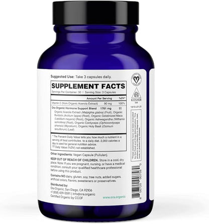 Ora Organic Natural Hormone Balance Supplement & Hormonal Acne Relief for Women - Support Skin, Mood, Energy, PMS & Menopause - Ashwagandha, Maca, Burdock Root, Cordyceps & VIT C - 90 Capsules