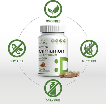 Ceylon Cinnamon 6,000mg with Chromium 1,000mcg Per Serving, 240 Capsules –Active Inner Bark Extract – True Sri Lanka Source – Natural Cinnamon Supplements– Non-GMO