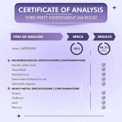 Apigenin Supplement 100mg from Chamomile Extract 120 Count - 98% purity- Apigenin Supplement for Sleep, Mood, Cognition, Prostate health - Excellent sleep aid, Non-GMO, No Fillers - 4-Month Supply