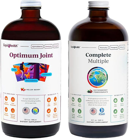 LIQUIDHEALTH Optimum Joint Glucosamine Chondroitin Supplement & Complete Multiple Adult Daily Multivitamin Bundle for Men & Women - Immune Support, Bone & Joint Health, Whole Foods, Vegan, Non-GMO