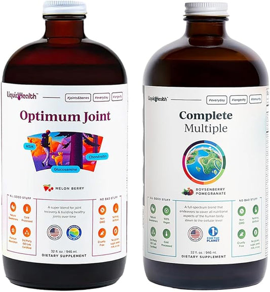 LIQUIDHEALTH Optimum Joint Glucosamine Chondroitin Supplement & Complete Multiple Adult Daily Multivitamin Bundle for Men & Women - Immune Support, Bone & Joint Health, Whole Foods, Vegan, Non-GMO