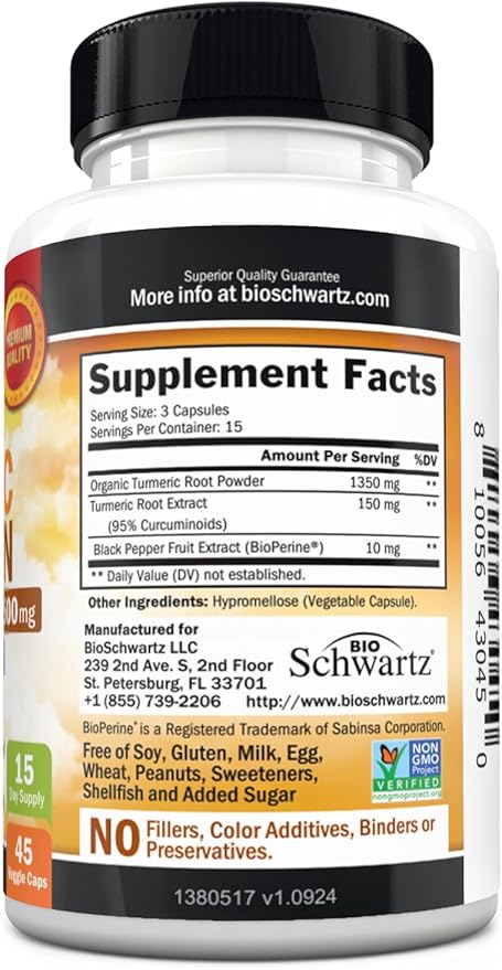 Turmeric Curcumin with Black Pepper Extract 1500mg - High Absorption Ultra Potent Turmeric Supplement with 95% Curcuminoids and BioPerine - Non GMO Tumeric Capsules for Joint Support - 45 Capsules