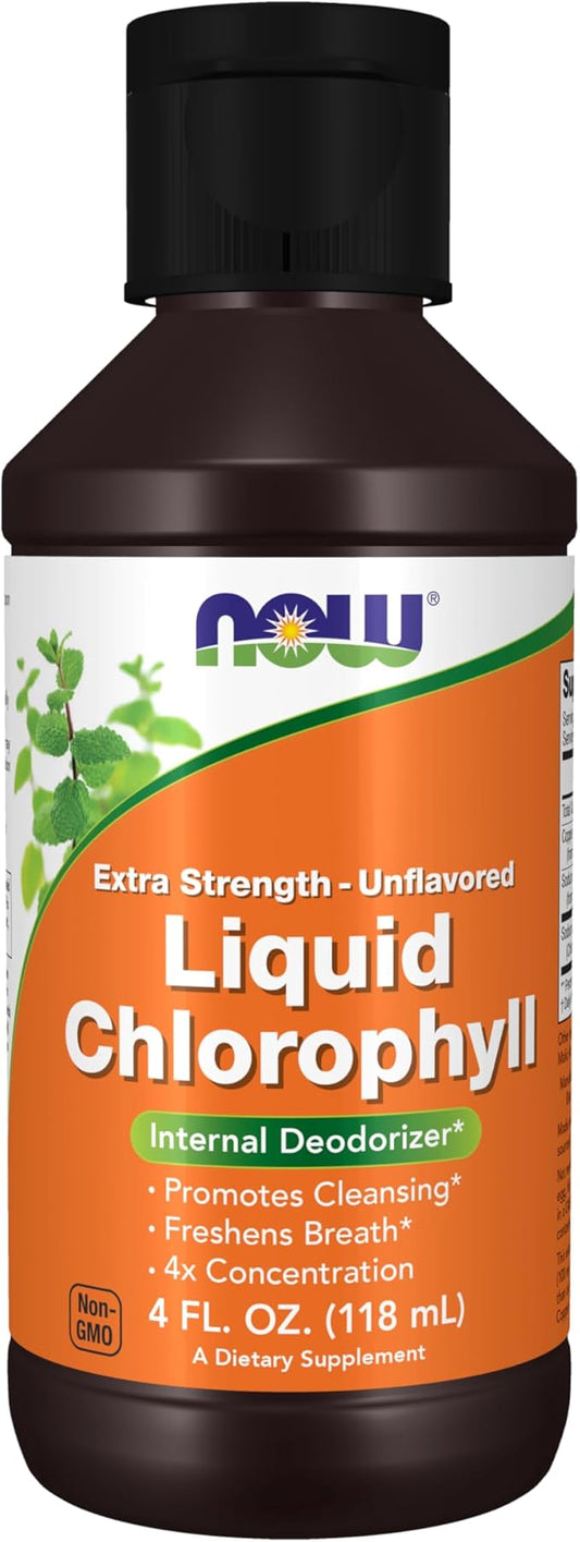 NOW Foods Supplements, Extra Strength Liquid Chlorophyll, Unflavored, Internal Deodorizer*, Promotes Cleansing*, Freshens Breath*, 4X Concentration, 4 FL. OZ. (118 mL)