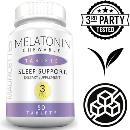 Natural Melatonin 3mg Chewable Tablets - Fast Acting 3 mg Sleeping Pills for Kids, Teens, and Adults, Unflavored, Non Addictive, Dissolvable Sleep Support Aid, 50 Chewables