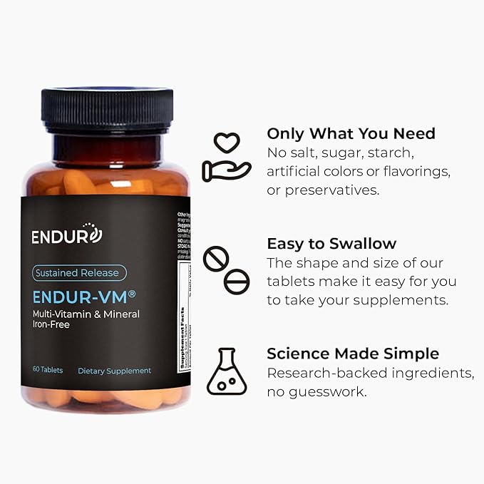 ENDUR-VM - WITHOUT IRON – Sustained-Release Daily Multi-Vitamin - Vitamin A, Vitamin C, Vitamin D, Vitamin E, Vitamin B12 - Zinc for Immune Health Support + Calcium & More - 60 Tablets