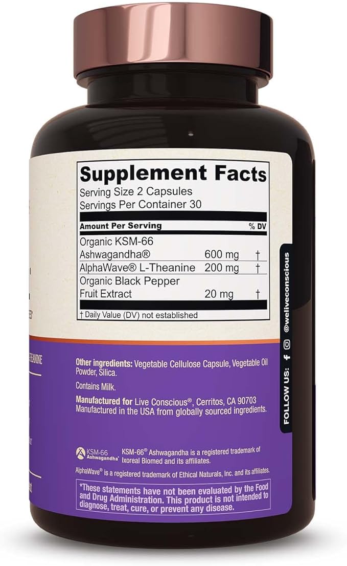 Live Conscious KSM-66 Ashwagandha Supplement w/L Theanine & AlphaWave - ZenWell Everyday Stress Relief, Cognitive, Brain Health - Ashwagandha for Men & Women - 60 Capsules (2-Pack)