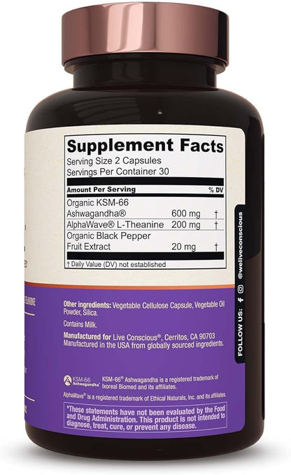 Live Conscious KSM-66 Ashwagandha Supplement w/L Theanine & AlphaWave - ZenWell Everyday Stress Relief, Cognitive, Brain Health - Ashwagandha for Men & Women - 60 Capsules (2-Pack)