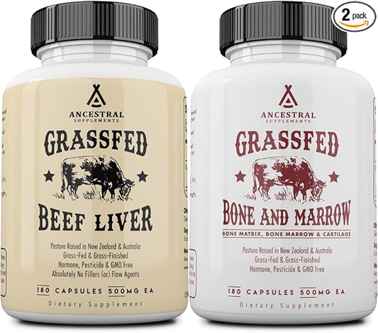 Ancestral Supplements Grass-Fed Beef Liver & Bone Marrow Capsules, 3000mg, Supports Energy, Digestion, Immunity, Skin, Oral Health, Joint Wellness, Non-GMO, Freeze-Dried, 180 Capsules, (Bundle 2 Pack)