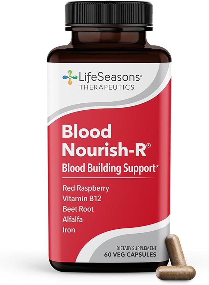 LifeSeasons - Blood Nourish-R - Iron Deficiency Supplement - Supports Anemia, Fatigue, Paleness & Dizziness - No Constipation - Blood Building - Iron, Alfalfa, Raspberry & Vitamin B-12-60 Capsules