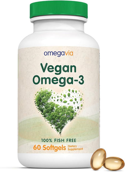 OmegaVia Vegan Omega 3 Supplement, Algae Omega 3 Fish Oil Alternative, 300mg Vegan DHA Fatty Acids, Plant Based, Planet and Ocean Friendly, IAOS 5 Star Tested, 60 Softgels