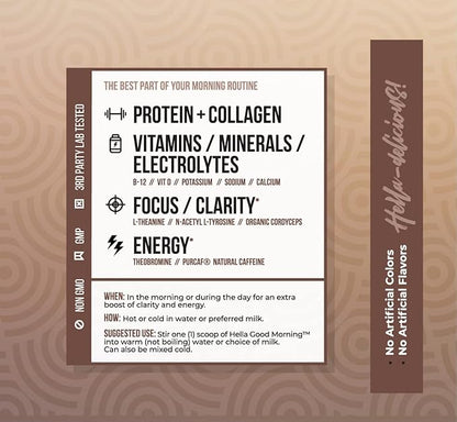 Hella Goodmorning Protein & Collagen Powder Supplement, Vitamins Minerals Electrolytes for Focus, Clarity and Energy - 80 Mg Organic Caffeine- Morning Wake Up Blend Swiss Chocolate Flavor 20 Servings