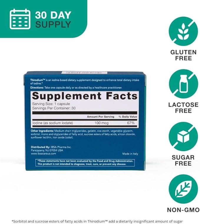 Thirodium - Thyroid Support Supplement - 100mcg Iodine (Sodium Iodate) - 30 Soft-Gel Capsules for Increased Absorption - Gluten-Free, Lactose-Free, Sugar-Free, Non-GMO